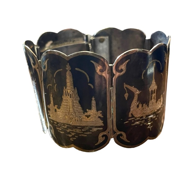 Antique Sterling silver Siam Etched black wnamel symbols Thai bangle bracelet - Picture 8 of 12